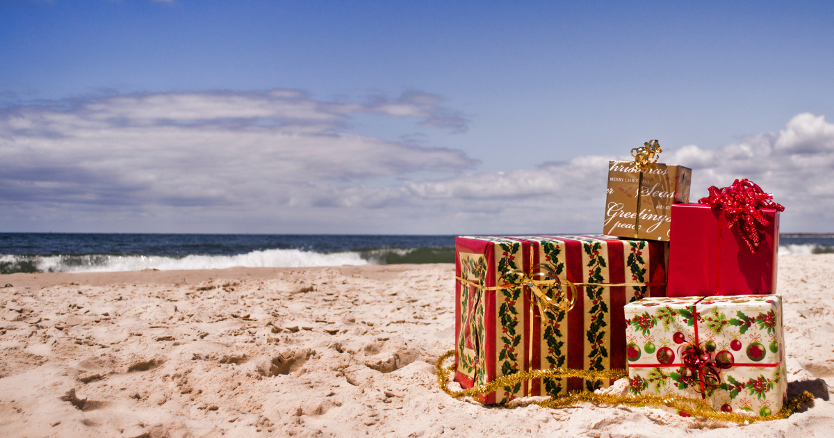 wrapped gifts on beach