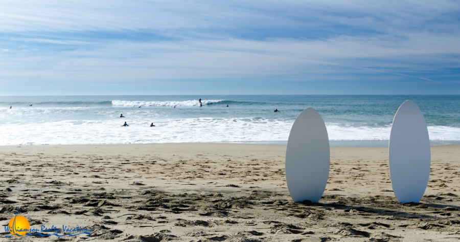 beach with skim boards in sand