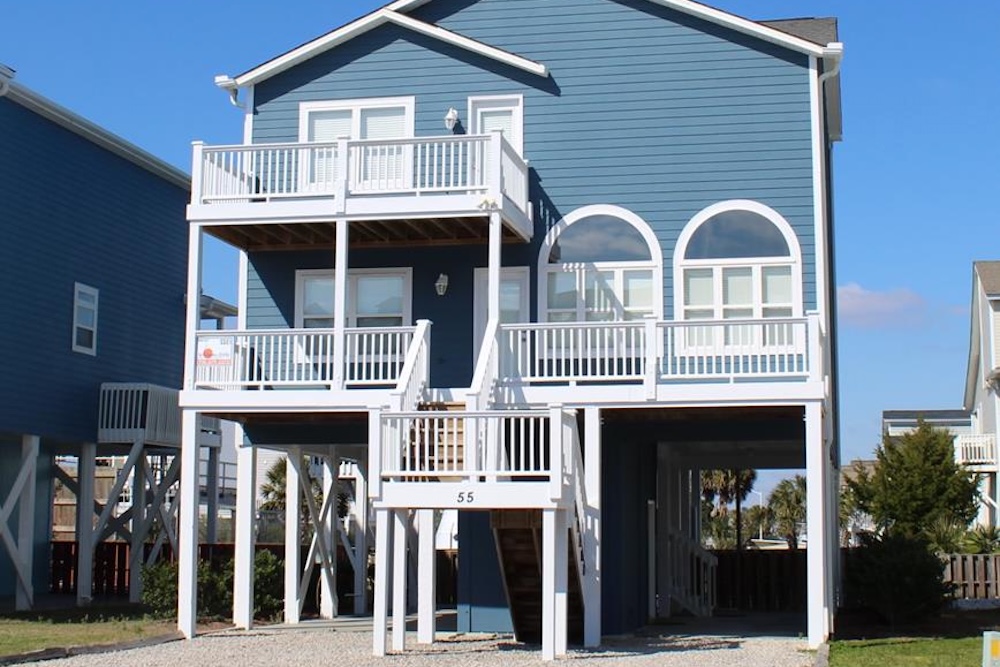 exterior of beautiful vacation home walking distance to Town Center Park in Ocean Isle, NC.