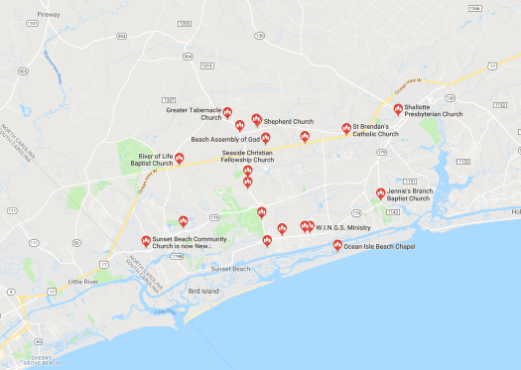 Map of Ocean Isle Beach Churches  | Williamson Realty