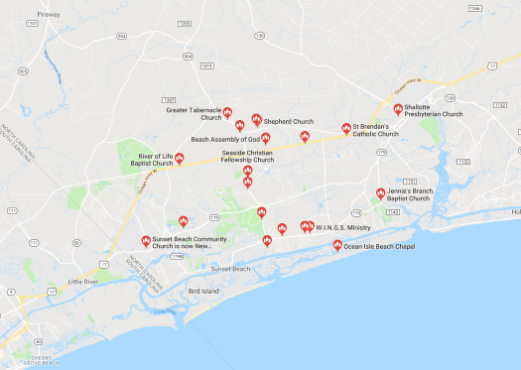 Map of Ocean Isle Beach Churches | Williamson Realty